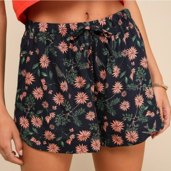RVCA New Yume Navy Blue Floral Print Drawstring Shorts - Picture 3 of 9